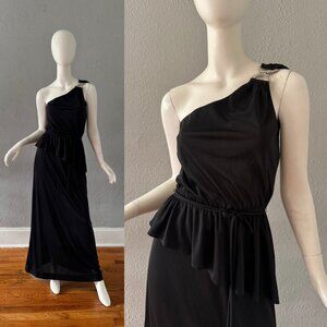 Vintage 70s Black One Shoulder Peplum Disco Maxi Party Dress S